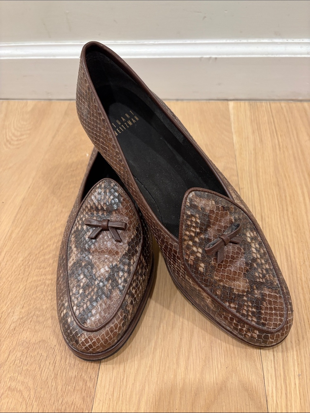 Stuart Weitzman Brown Python-Print Slip-On Loafers with Bow